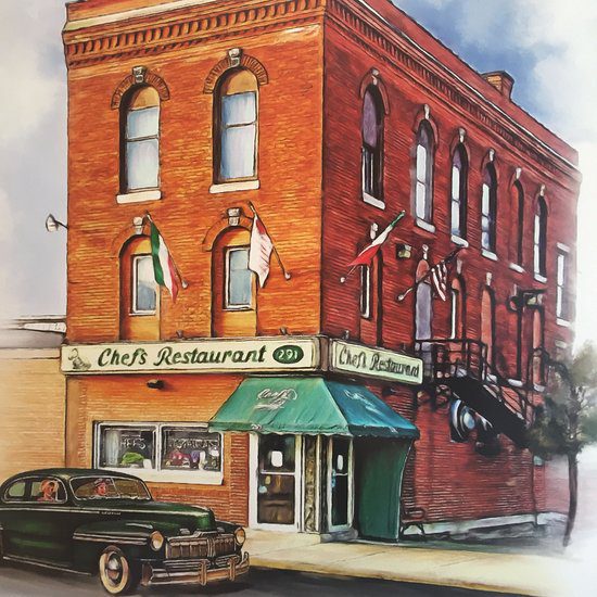 Chefs Restaurant Exterior Classic Car drawing of chefs exterior